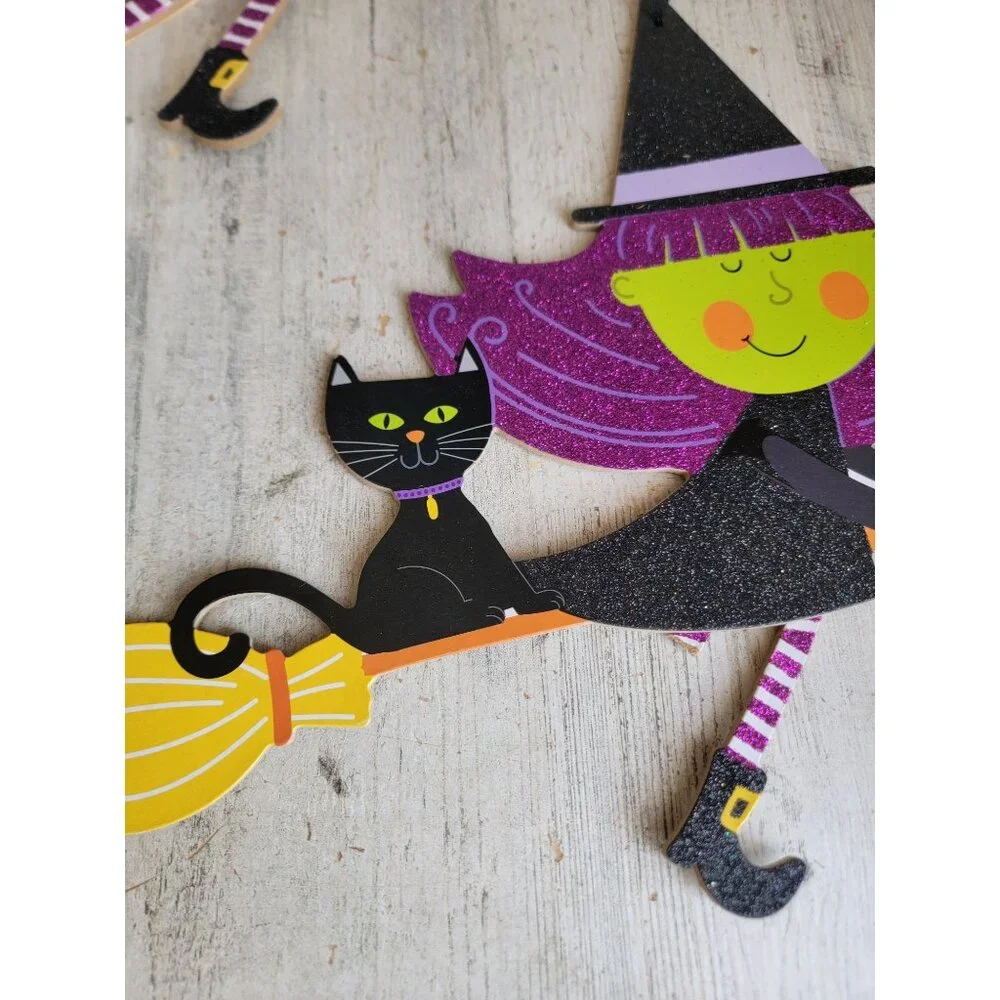 Glitter witch broom set cat AS IS Halloween sign hanging decor‎